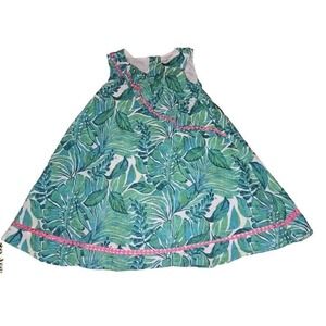 Tommy Bahama Hawaiian Print Sleeveless Dress Neon Pink Crotchet Accent Girl's 4T